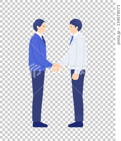 Vector illustration of two men in work clothes shaking hands, representing a cooperative relationship. Vector illustration of two men in work clothes shaking hands, representing a cooperative relationship. 139078073