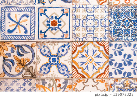 Azulejo tiles Portugal pattern ceramic ornament traditional vintage decorative background Azulejo tiles Portugal pattern ceramic ornament traditional vintage decorative background 139078325