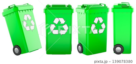 Green recycling bins set in multiple views. 3D rendering Green recycling bins set in multiple views. 3D rendering 139078380
