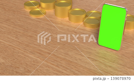 Mobile Banking and Investment Concept with Smartphone Green Screen and Gold Coins 3d render. Mobile Banking and Investment Concept with Smartphone Green Screen and Gold Coins 3d render. 139078970