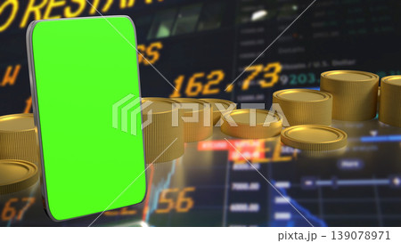 Mobile Trading and Investment Concept with Smartphone Green Screen and Financial Market Background 3d render. Mobile Trading and Investment Concept with Smartphone Green Screen and Financial Market Background 3d render. 139078971