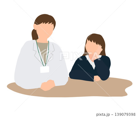保健室で先生と前向きに話す小学生の女の子のイラスト 139079398
