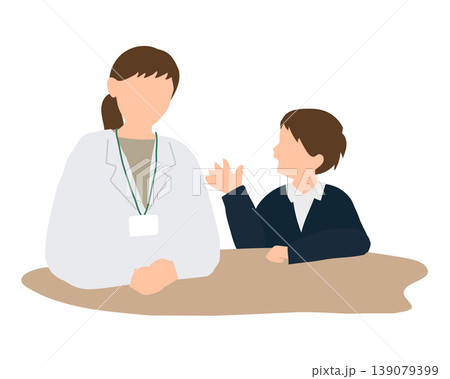 保健室で先生と話す小学生の男の子のイラスト（前向きな会話） 139079399