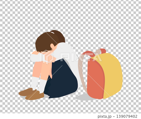 An illustration of a first-grade elementary school girl struggling with school refusal. 139079402