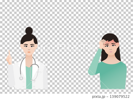 向量圖描繪了一位發燒頭痛的女病人正在接受女醫生的檢查。 向量圖描繪了一位發燒頭痛的女病人正在接受女醫生的檢查。 139079522