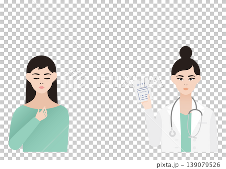 ほっと安心する女性患者と薬の説明をする女医の診療ベクターイラスト素材 139079526