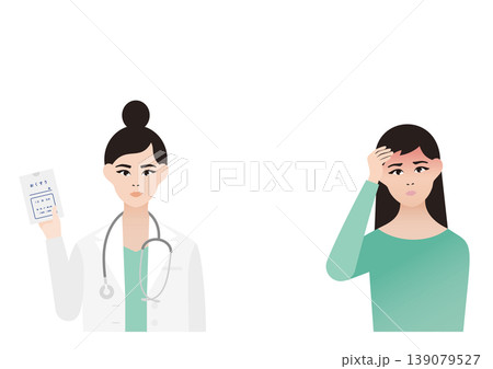 発熱・頭痛のする女性患者と薬の説明をする女医の診療ベクターイラスト素材 発熱・頭痛のする女性患者と薬の説明をする女医の診療ベクターイラスト素材 139079527