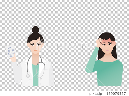 発熱・頭痛のする女性患者と薬の説明をする女医の診療ベクターイラスト素材 発熱・頭痛のする女性患者と薬の説明をする女医の診療ベクターイラスト素材 139079527