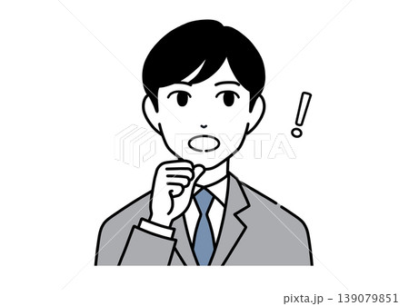 顎に手を当てて思い出すスーツ姿の若い男性のイラスト　モノトーン 139079851