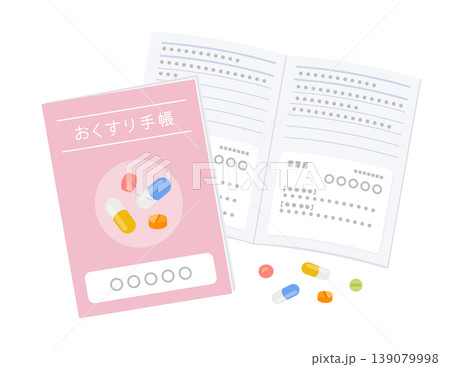 お薬手帳(閉じた状態と開いた状態)と錠剤・カプセルのイメージイラスト お薬手帳(閉じた状態と開いた状態)と錠剤・カプセルのイメージイラスト 139079998