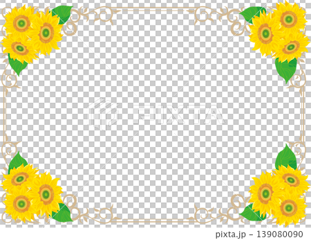 背景素材<花卉、向日葵、復古相框、單色、線條畫> 139080090