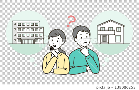 マイホームはマンション購入か一戸建て購入かで悩む若い夫婦 マイホームはマンション購入か一戸建て購入かで悩む若い夫婦 139080255