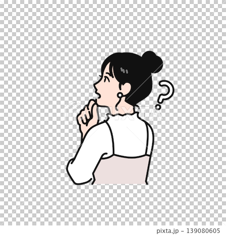 A simple vector illustration of a young woman with her hair tied up, seen from behind, with a question mark floating above her head. 139080605
