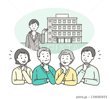 老人ホームまたはマンションへの入居を考える高齢者夫婦と一緒に考える若い夫婦 139080935