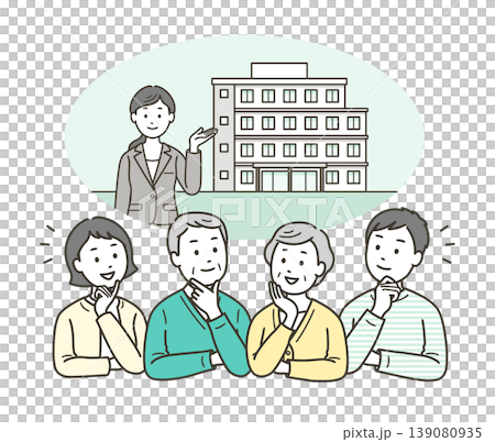 老人ホームまたはマンションへの入居を考える高齢者夫婦と一緒に考える若い夫婦 139080935