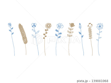 色々な種類の一輪の花のシンプルな手描きイラストセット1(青・茶色) 色々な種類の一輪の花のシンプルな手描きイラストセット1(青・茶色) 139081068
