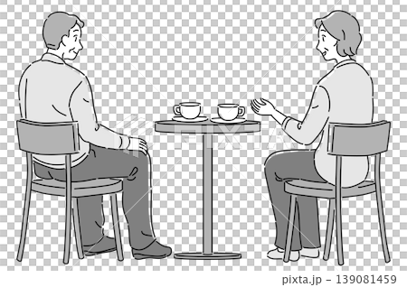 椅子に座って話すシニア男女のモノトーンイラスト 椅子に座って話すシニア男女のモノトーンイラスト 139081459