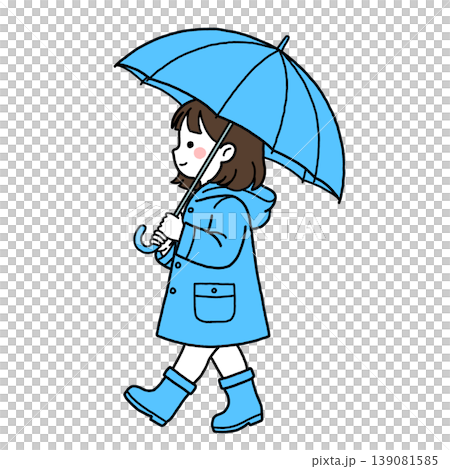 青い傘をさして歩く雨合羽姿の女の子 139081585