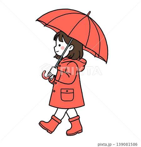 赤い傘をさして歩く雨合羽姿の女の子 139081586