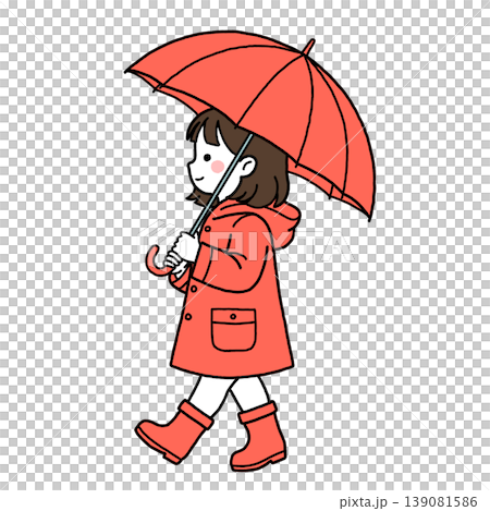 赤い傘をさして歩く雨合羽姿の女の子 139081586