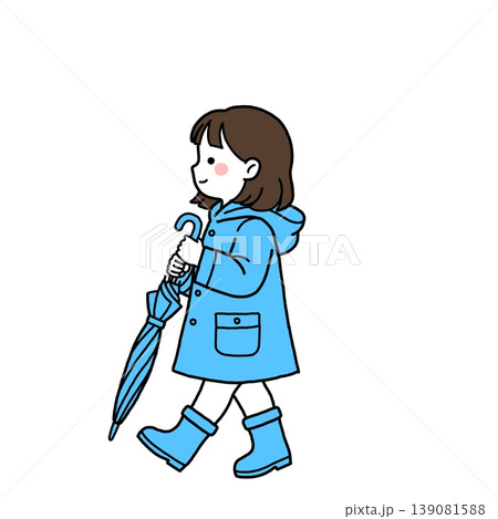 閉じた青い傘を持つ雨合羽姿の女の子 閉じた青い傘を持つ雨合羽姿の女の子 139081588