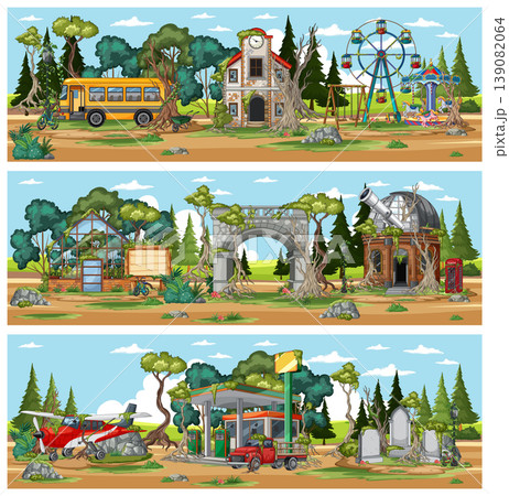 Abandoned Amusement Park and Town in Forest Landscape Abandoned Amusement Park and Town in Forest Landscape 139082064