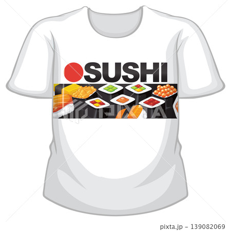 White T-Shirt Mockup with Japanese Sushi Graphic Print Design 139082069