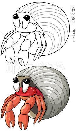 Cute Cartoon Hermit Crab Vector Illustration in Color and Line Art 139082070