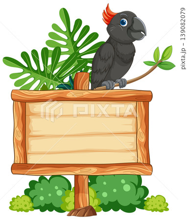 Black Cockatoo on Wooden Jungle Sign with Foliage Black Cockatoo on Wooden Jungle Sign with Foliage 139082079