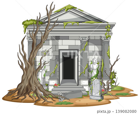 Abandoned Stone Mausoleum with Dead Trees and Vines 139082080
