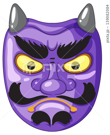 Purple Oni Mask Vector Illustration with Yellow Eyes and Horns 139082084