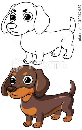 Cute Dachshund Cartoon Character in Color and Line Art Versions Cute Dachshund Cartoon Character in Color and Line Art Versions 139082087