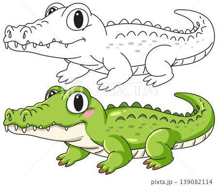 Cute Cartoon Crocodile Vector Illustration with Coloring Page Version Cute Cartoon Crocodile Vector Illustration with Coloring Page Version 139082114