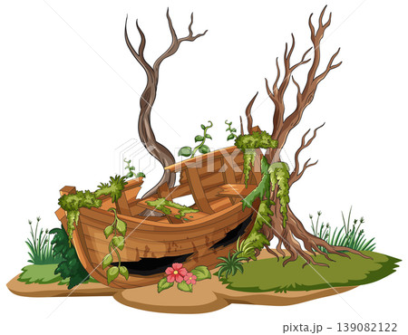 Abandoned Wooden Boat Overgrown with Moss and Vines Abandoned Wooden Boat Overgrown with Moss and Vines 139082122