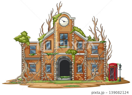 Abandoned Brick School Building Overgrown With Vines Abandoned Brick School Building Overgrown With Vines 139082124