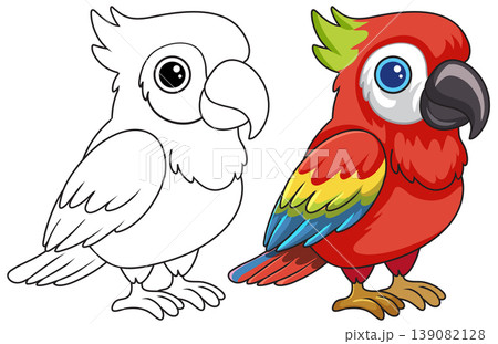 Cute Cartoon Macaw Parrot Vector Illustration with Black and White Line Art Cute Cartoon Macaw Parrot Vector Illustration with Black and White Line Art 139082128
