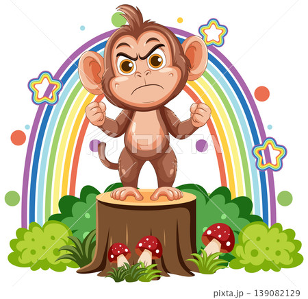 Angry Cartoon Monkey Standing on Tree Stump with Rainbow Angry Cartoon Monkey Standing on Tree Stump with Rainbow 139082129