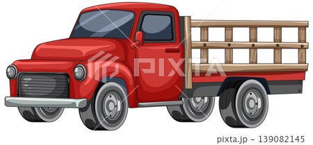 Red Vintage Pickup Truck with Wooden Flatbed Side Rails 139082145