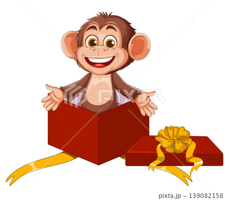 Smiling Cartoon Monkey Popping Out of Gift Box Smiling Cartoon Monkey Popping Out of Gift Box 139082158