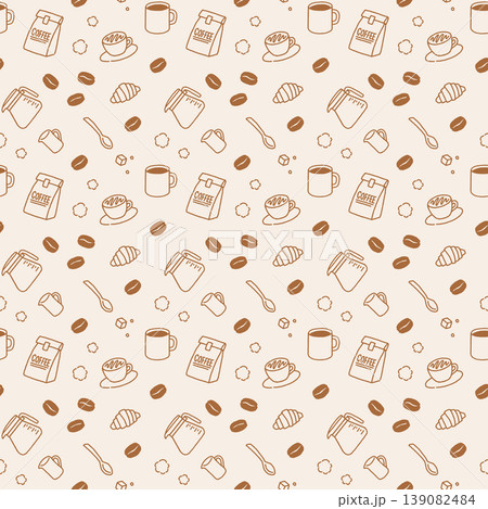 コーヒーとカフェモチーフの大人かわいいシームレスパターン(手描き・背景素材・デザイン素材) コーヒーとカフェモチーフの大人かわいいシームレスパターン(手描き・背景素材・デザイン素材) 139082484