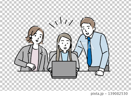 A young businessman and woman talking while operating a computer. A young businessman and woman talking while operating a computer. 139082530