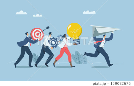 Working as team with creative thinking, solving problems in organizations, Launching new project or new product, Group of business people running holding paper airplanes, light bulbs, gears, targets. 139082676