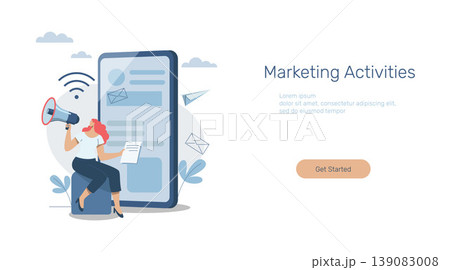 Promote communication with customers Marketing activities and social media campaigns, advertising materials, banners, web templates, announcements of businessman with megaphone and laptop. 139083008