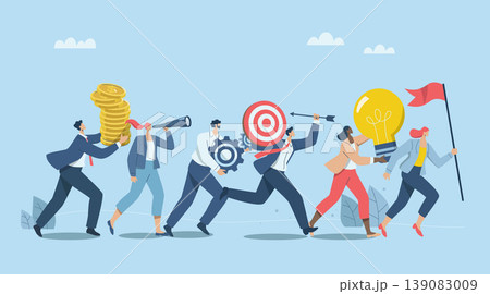 Working as team with creative thinking, solving problems in organizations, Launching new project, product, Group of business people running holding flag, light bulbs, gears, targets, binoculars, coin. Working as team with creative thinking, solving problems in organizations, Launching new project, product, Group of business people running holding flag, light bulbs, gears, targets, binoculars, coin. 139083009