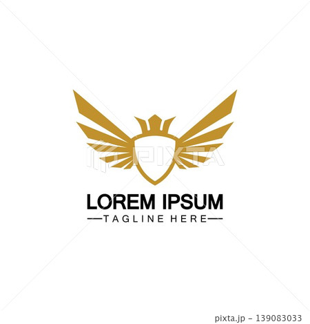 Golden winged shield with crown logo / heraldry symbol isolated white background 139083033