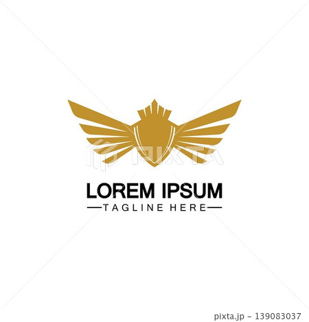 Golden winged shield with crown logo / heraldry symbol isolated white background Golden winged shield with crown logo / heraldry symbol isolated white background 139083037
