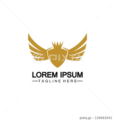 Golden winged shield with crown logo / heraldry symbol isolated white background Golden winged shield with crown logo / heraldry symbol isolated white background 139083041