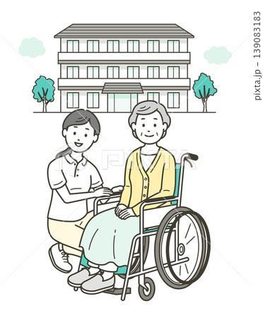 介護施設の前にいる車椅子に乗る高齢者女性と介護士女性 139083183