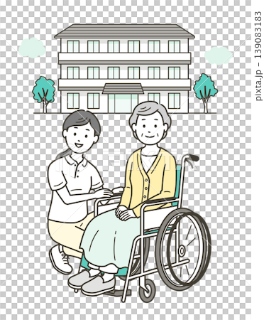 介護施設の前にいる車椅子に乗る高齢者女性と介護士女性 139083183