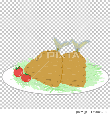An illustration of two fried horse mackerel, shredded cabbage, and cherry tomatoes served on a white plate. 139083200